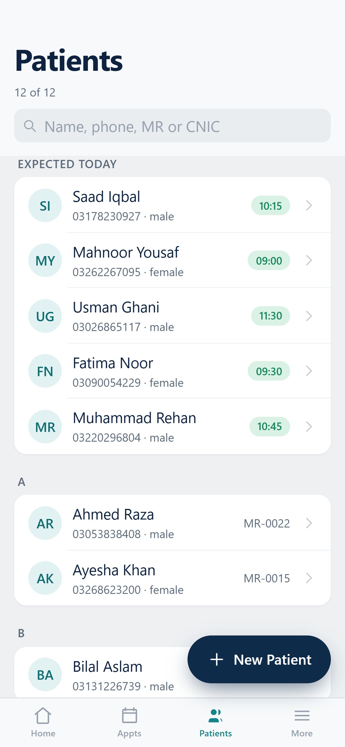 The patients list on the DentalPro phone app