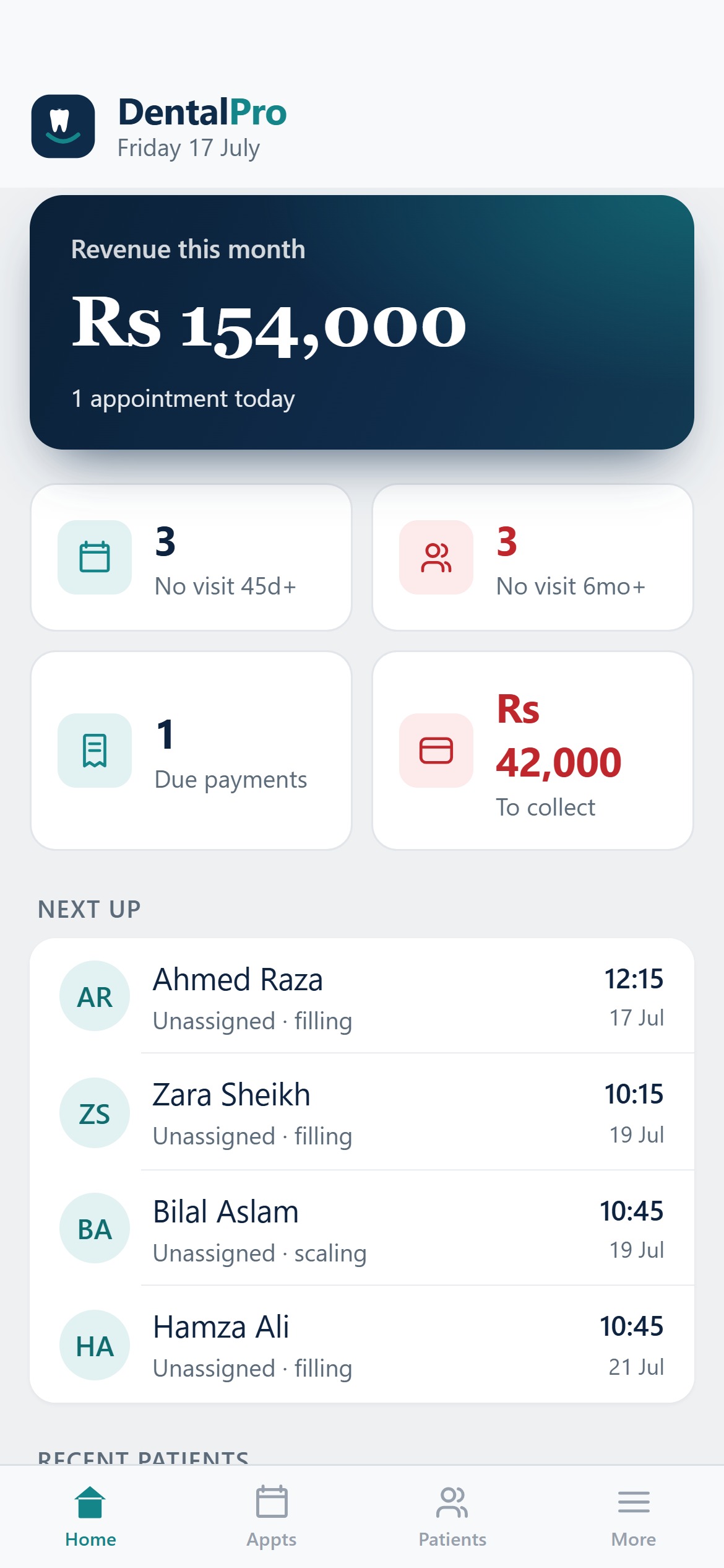 The DentalPro app on a phone showing today's revenue and appointments