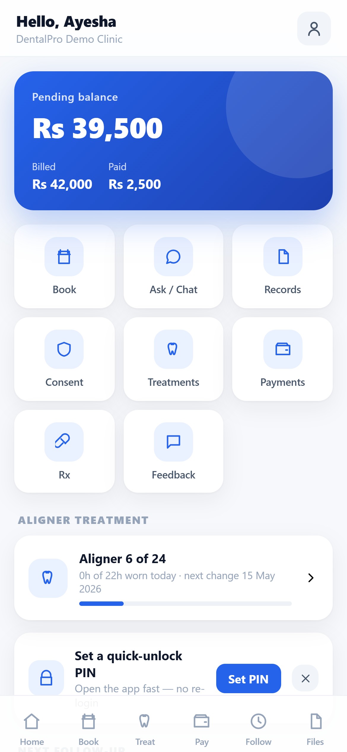 The DentalPro patient app dashboard showing balance and shortcuts