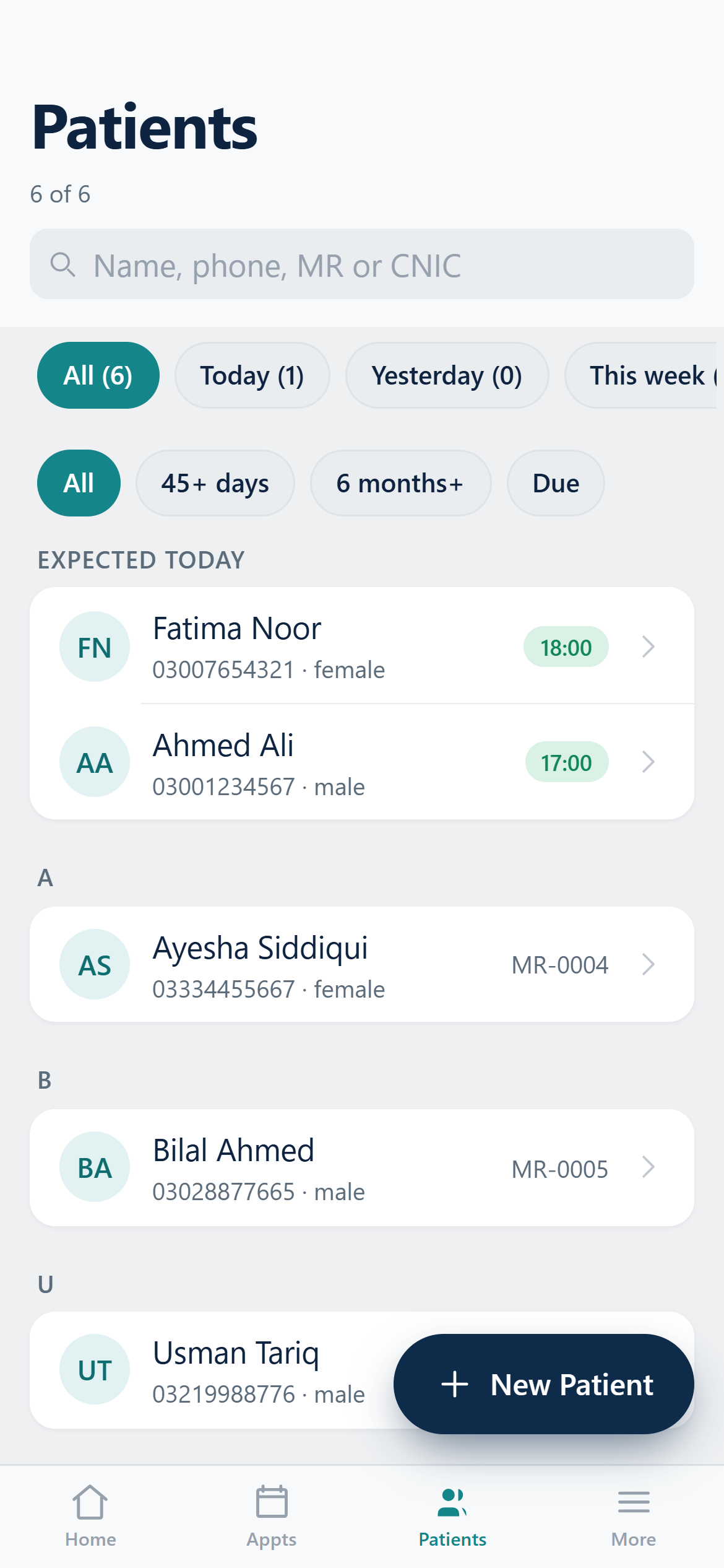 The patient register, on desktop and phone