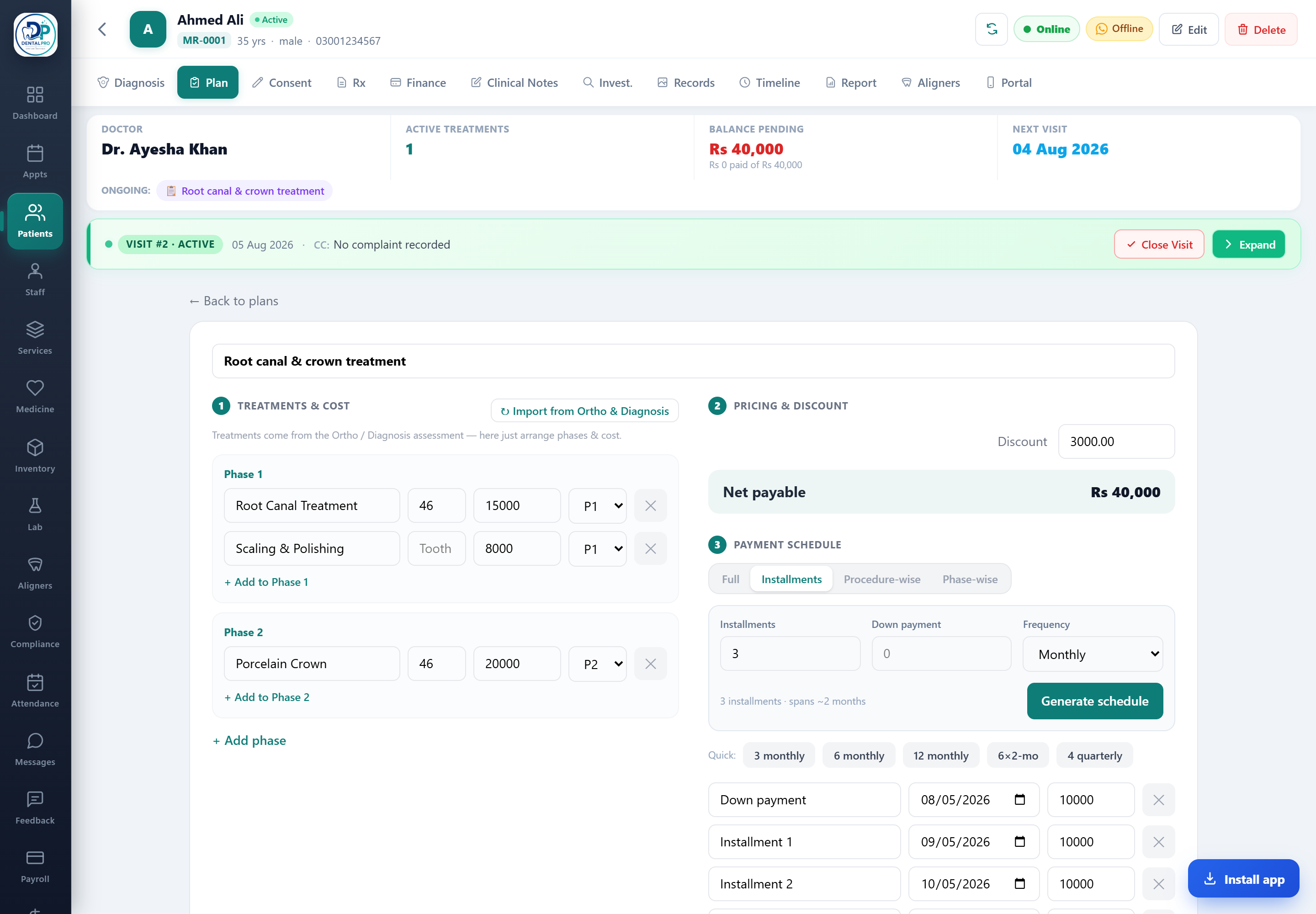 The Plan tab: treatments, pricing and the installment schedule
